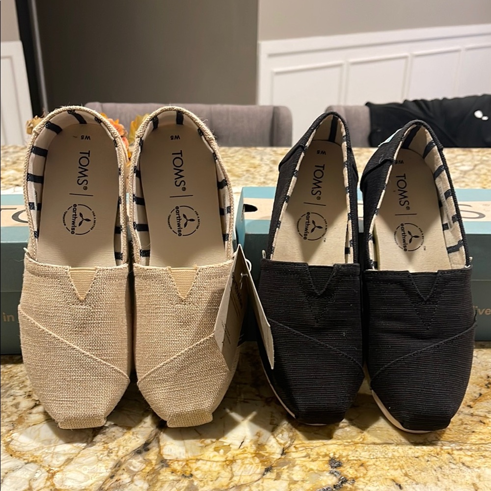 TOMS Beige and Black Slip-On Shoes.